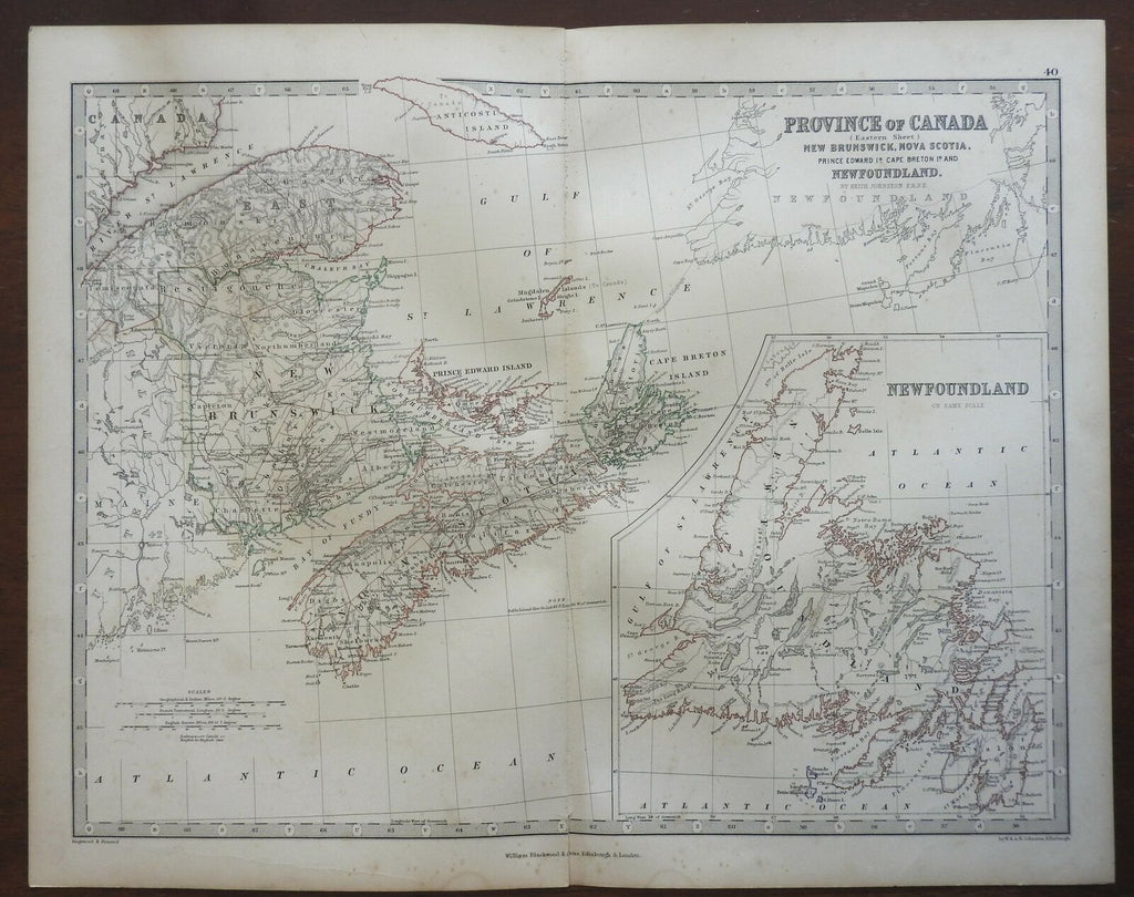 Maritime Provinces Eastern Canada New Brunswick Nova Scotia 1868 Johnston map