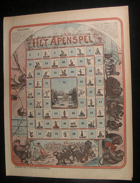 Het Apenspel Monkeys Apes c.1900 Dutch board game Amsterdam Senefelder color