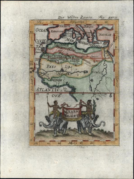 Sahara Desert Northern Africa natives w/ elephants 1719 Mallet antique map