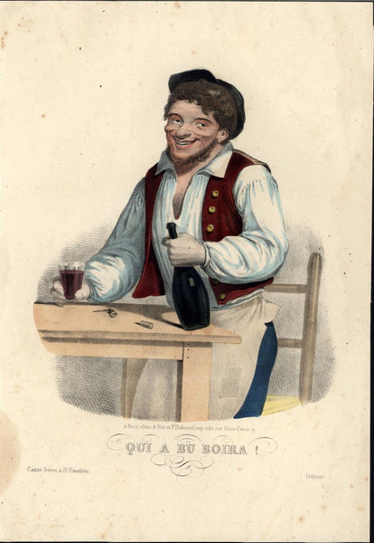 Man Drinking Wine c.1840 rare antique large original hand colored print pipe