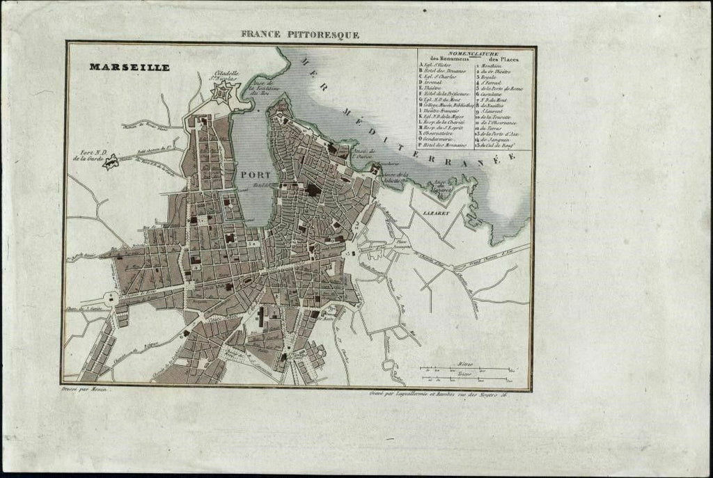 Marseilles France miniature city plan 1835 antique engraved map w/ hand color