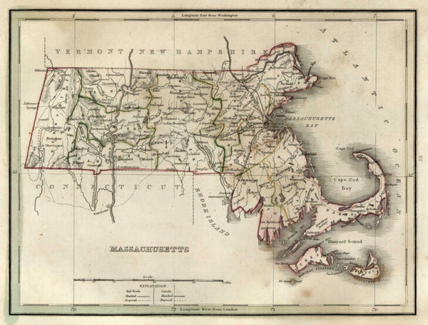 Massachusetts State Map Railroads Canals 1835 Bradford early U.S. map