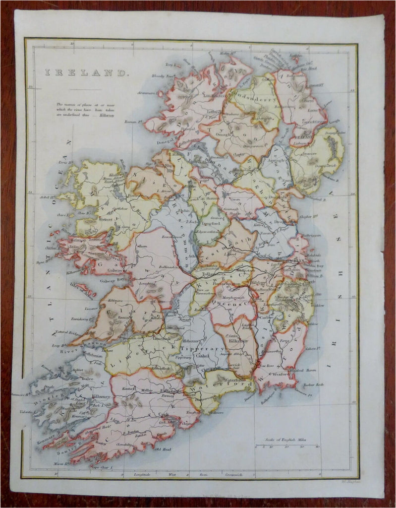 Ireland Dublin Kilarney Galway Cork Belfast c. 1840 Hughes engraved map