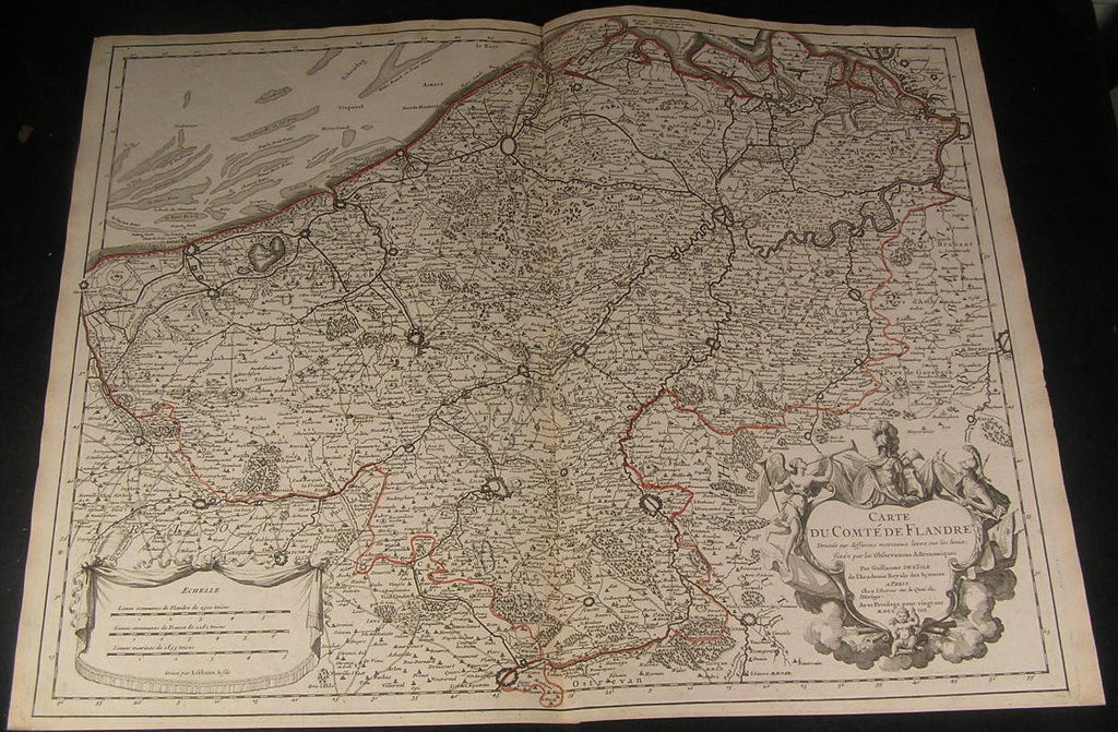 Flanders Belgium North France 1704 huge de L'Isle fine antique old color map
