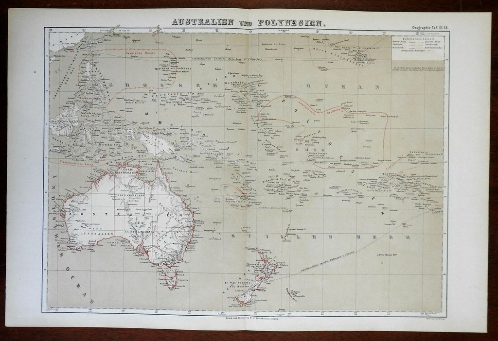 Polynesia Australia New Zealand Hawaii New Guinea 1874 color lithographed map