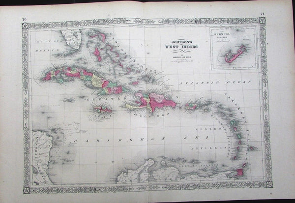 Caribbean West Indies Bermuda St. Domingo Jamaica Haiti c.1865 large antique map