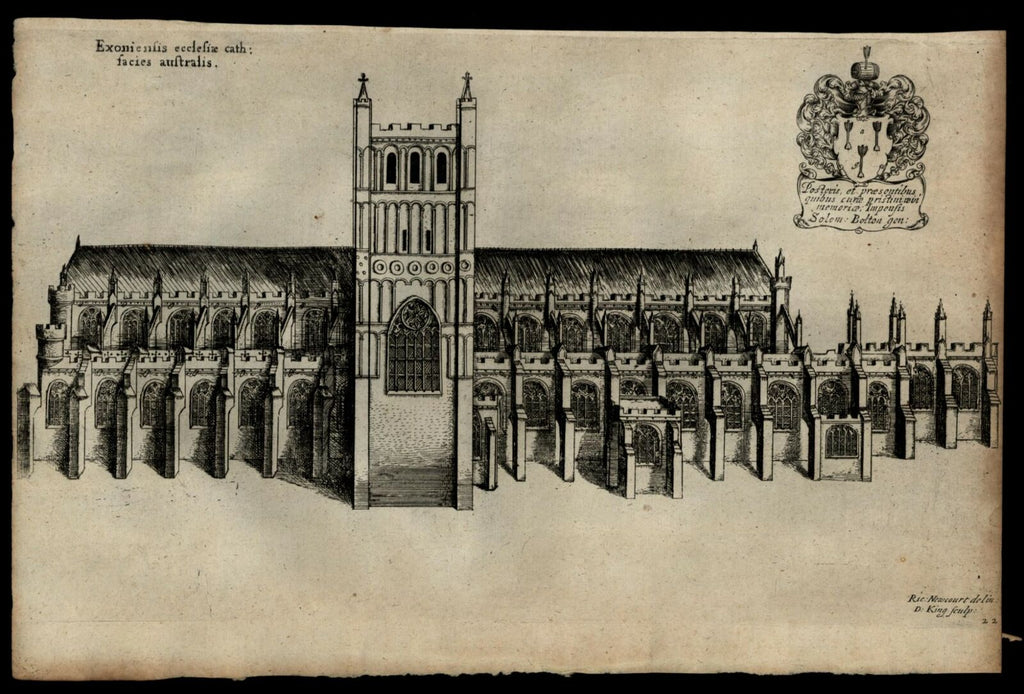 England Exeter Cathdral Southern View 1655 antique engraved print