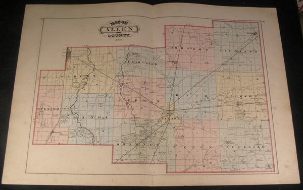 Allen County Ohio Lima Ottawa & Railroads 1875 fine large old hand color map