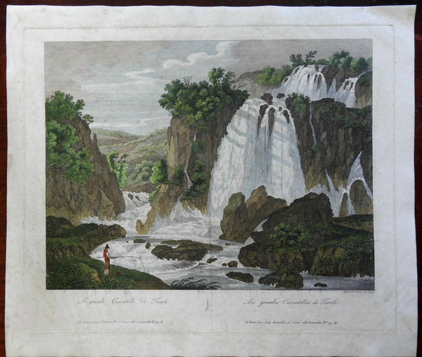 Tivoli Italy view Great Waterfalls Fisherman 1829 Parboni engraved nature print