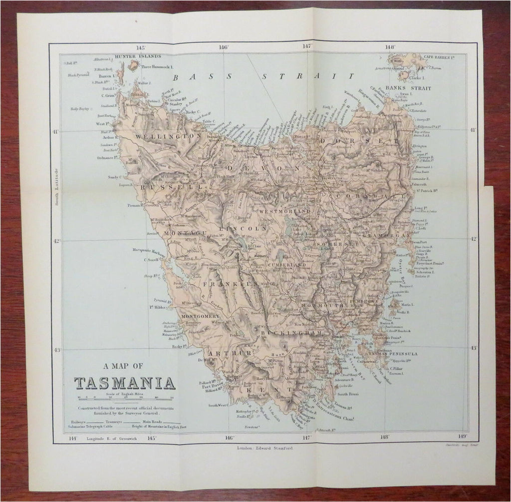 Tasmania Australia Van Diemen's Land Hobart 1893 Stanford map