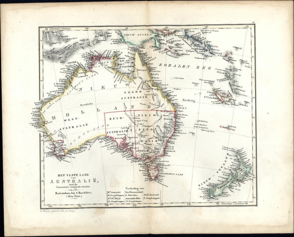 Australia New Zealand Pacific 1844 rare Adolph Baedeker Petri engraved Dutch map
