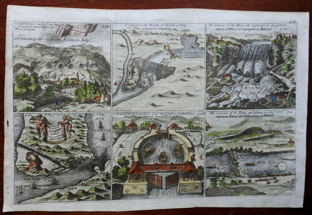 Waterfalls & Canals of Europe Switzerland Italy 1711 engraved print hand color