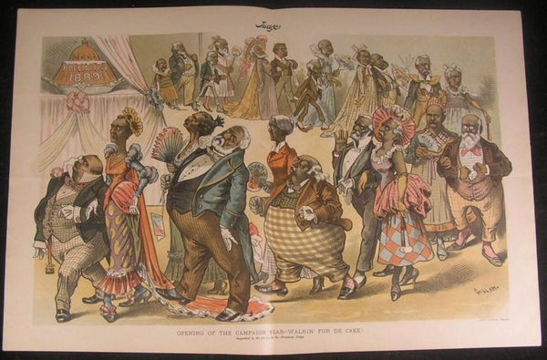 Prominent Politicians Black Face Parading 1888 antique color lithograph print