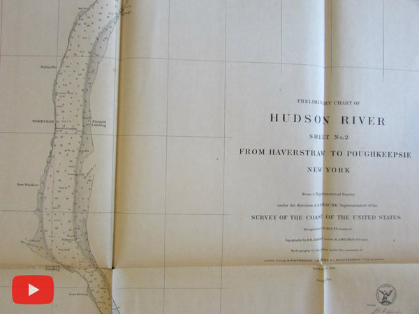 New York Hudson River 1861 large Nautical chart Haverstraw-Poughkeepsie