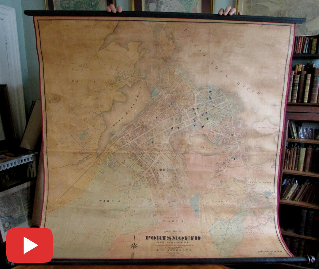 Portsmouth New Hampshire 1876 Beer monumental wall map linen beautiful