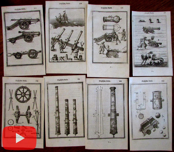 Militaria cannons warfare 1672 lot of 8 antique engraved prints Mallet