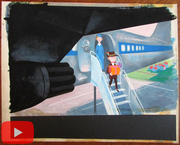 Airlines childhood original art 1960's airplanes stewardess animation style A+