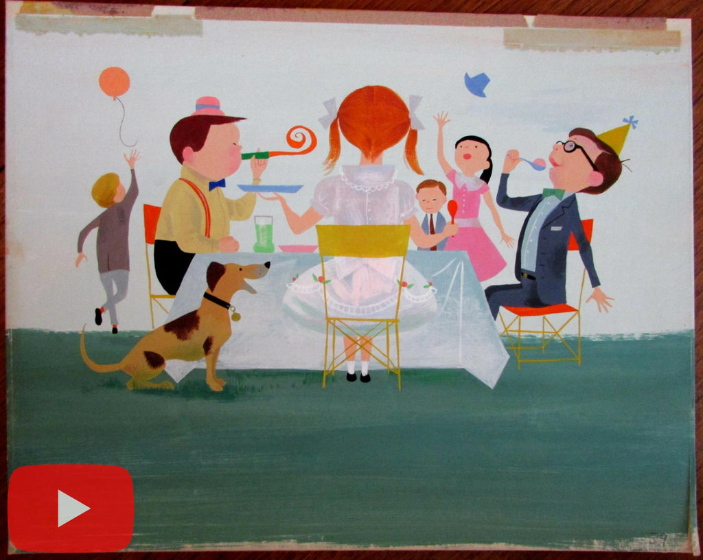 Children's birthday party scene c.1961-3 animation style original art A+ dog balloons