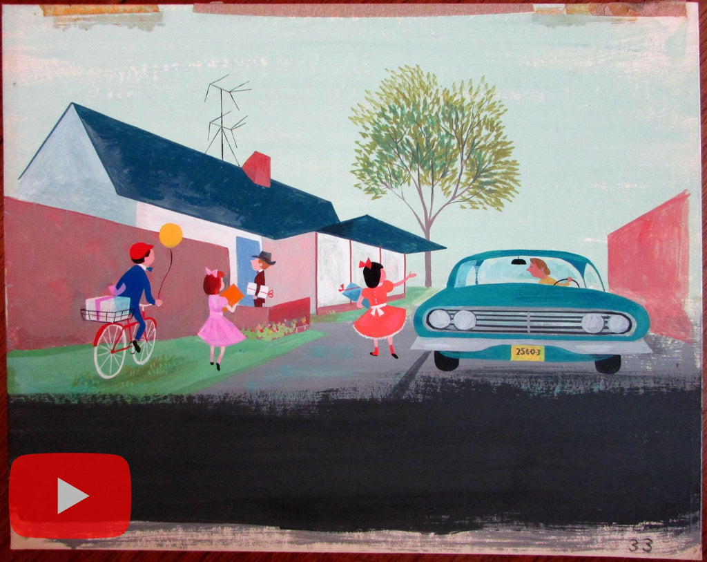 Children's art car bicycle party presents c.1961-3 gouache original Painting A+