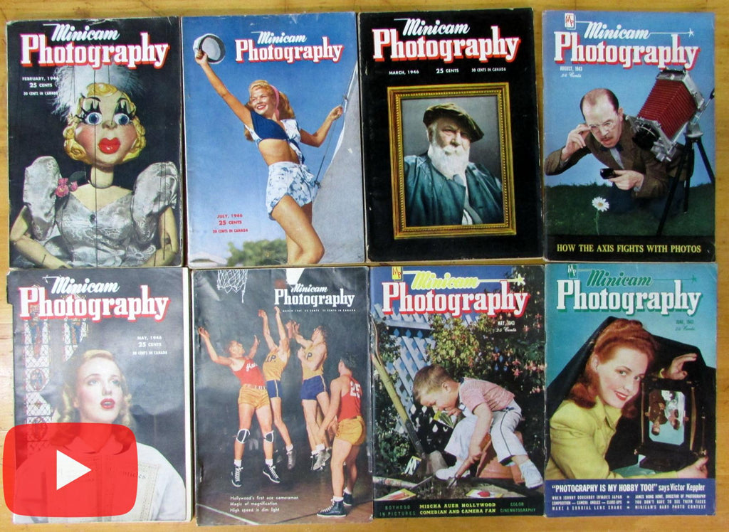 Minicam Photography magazine 1943-49 Lot x 8 issues great ads images scarce