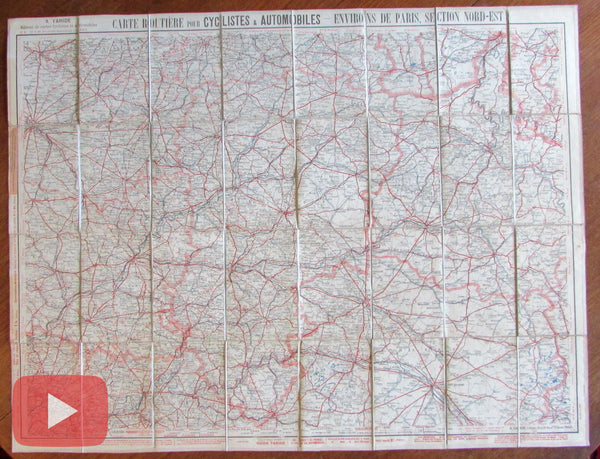 Paris environs c.1910-30 Automobile Bicyclist large folding linen backed old map