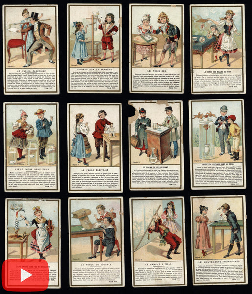 Chocolate trade cards Paris c.1900 collection 23 children playing harlequins experiments