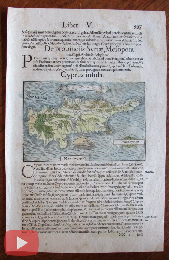 Cyprus 1550 Munster wood cut map old hand color charming