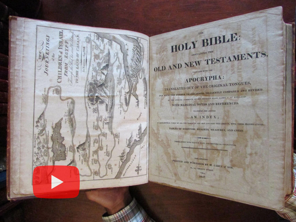 Family Bible 1817 Matthew Carey large leather book original early binding illustrated