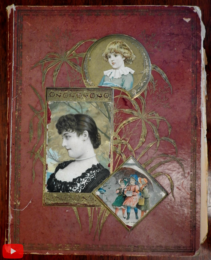 Scrapbook c.1880's with approx. 260 trade cards & colorful scraps unique fun