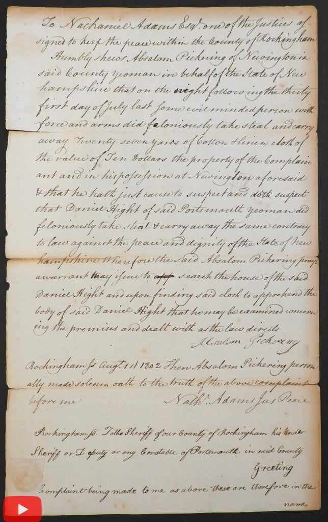 Nathaniel Adams 1802 Portsmouth NH Justice of Peace document Rockingham Law