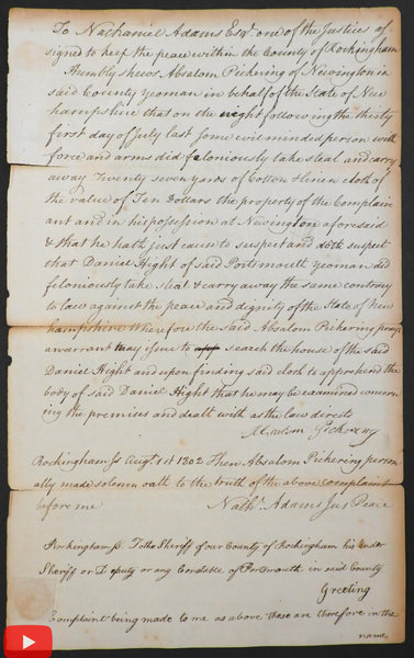 Nathaniel Adams 1802 Portsmouth NH Justice of Peace document Rockingham Law