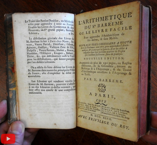 Arithmetic Mathematics textbook 1747 by Barreme rare book France