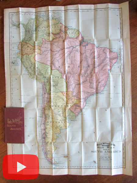 South American 1892 folding pocket map cloth gilt case scarce Rand McNally