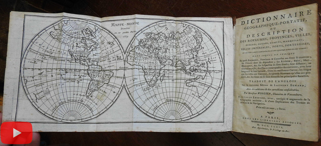 Geographical Dictionary 1779 nice gilt leather book w/ 5 folding maps of world