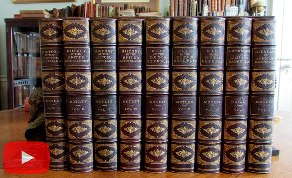 Motley fine leather set x 9 old books Dutch Republic Netherlands History