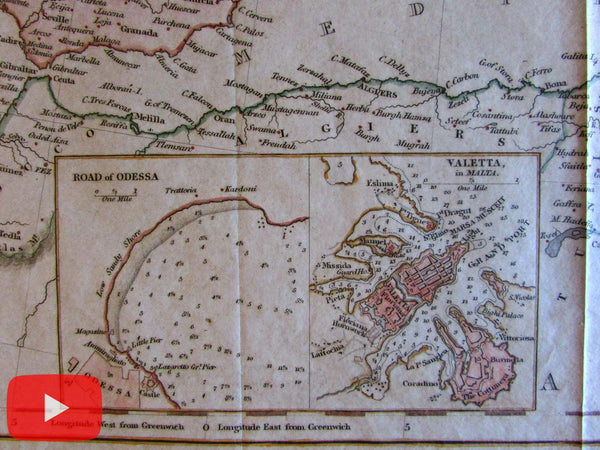 Valetta Malta harbor Europe 1848 old map Road of Odessa lovely Harper