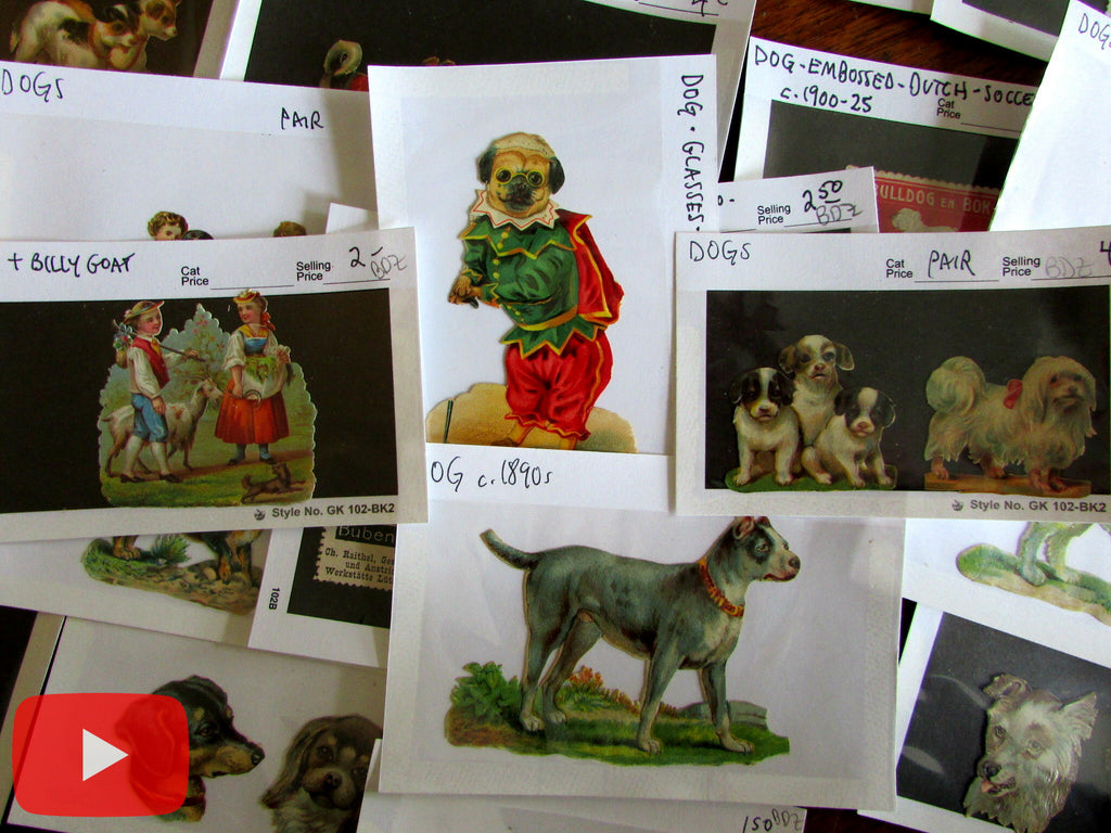 Dogs c.1890-1925 era old printed die-cut chromos & poster stamps lot x 105