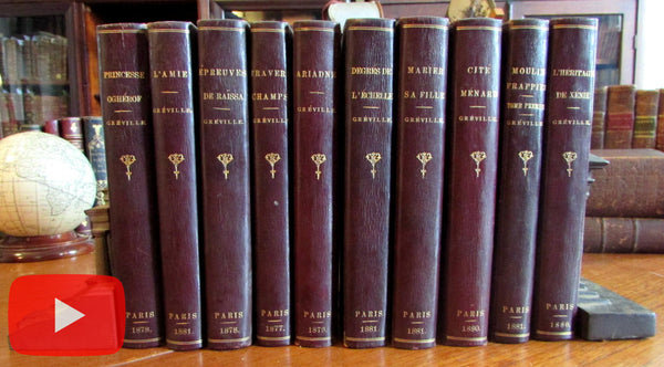 Leather Bindings c. 1900 lot x 10 French gilt stamped Paris dates 1870's Greville