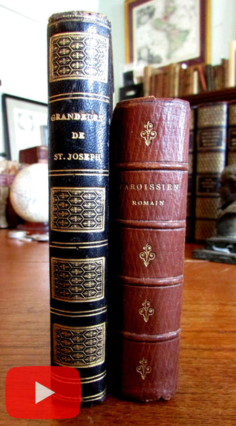 Leather bindings beautiful pair 2 old books 1864-72 hand color plates gilt patterns