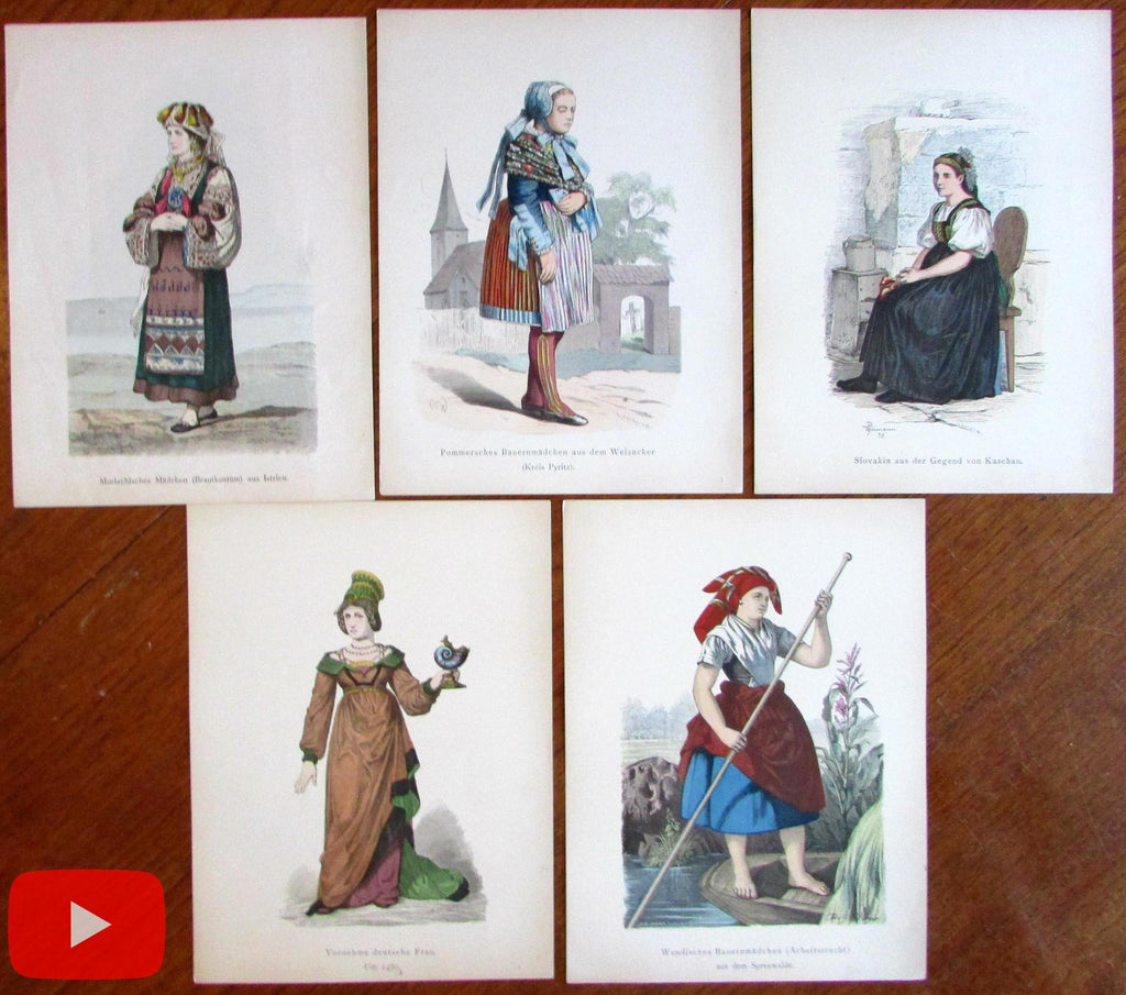 Fashion Illustration Europe c. 1870's Female Ethnic types dress costume lot x 5