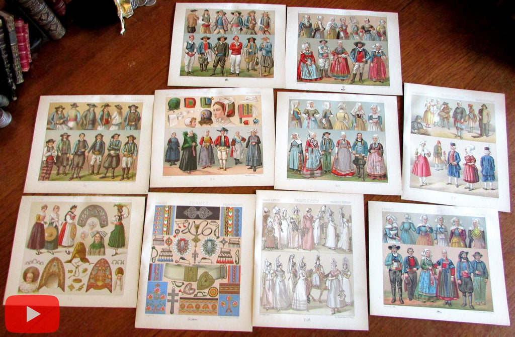 France French Costumes Dress Clothing 1880's Racinet lot x 10 prints colorful