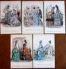 Fans in 19th century Women's Fashion illustration c. 1870 lot x 5 hand color