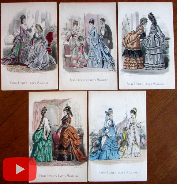 Fans in 19th century Women's Fashion illustration c. 1870 lot x 5 hand color