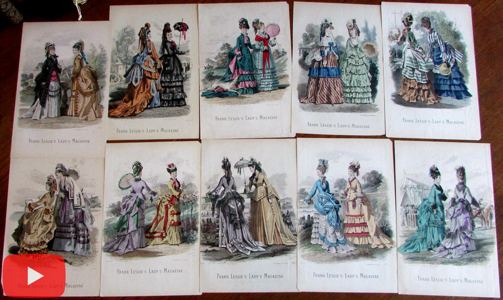 Umbrellas fashion illustrations c.1870 hand colored prints lot x 10 Leslie's