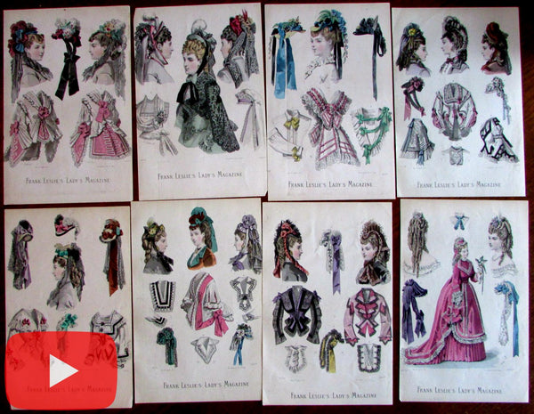 Fashion Illustration 1860-70's Leslie's dress costume lady's lot x 8 hand color