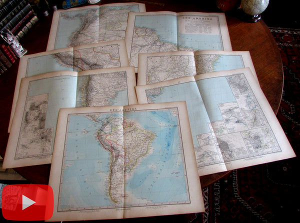 South America 1888 Petermann huge wall map 6 sheets lot of 7 old maps