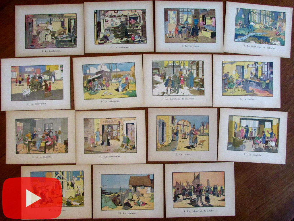 Occupations Jobs c. 1915-30 French cartoon cards lot x 15 color prints