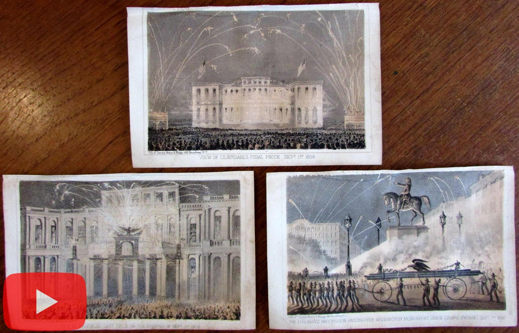 Fireworks in New York City 1858-1861 lot x 3 color prints Sarony Major Knapp