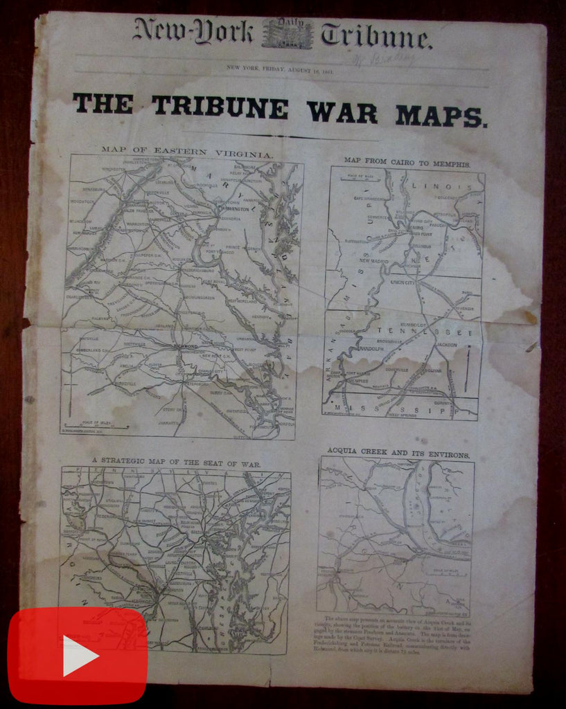 NY Tribune Civil War rare newspaper maps Aug. 1861 Battle Bull Run Casualty list