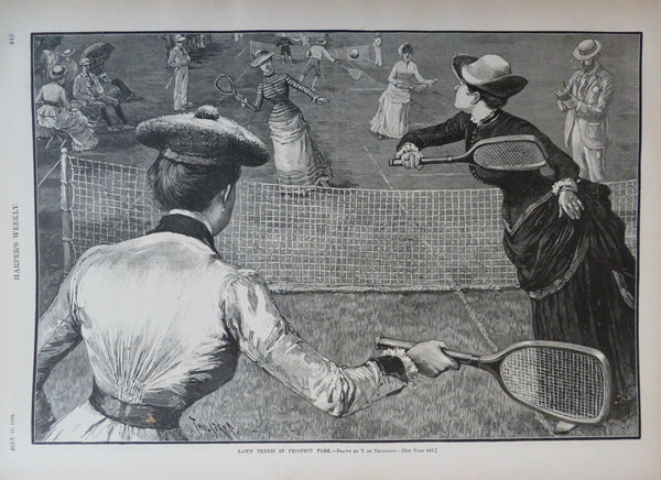 Women's Tennis print 1885 Henry Stanley cover Harper's Gilded Age issue Nast art